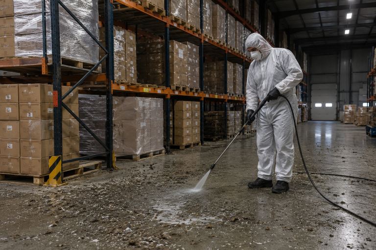Agent équipé nettoyant des fientes de pigeon sur le sol d’un entrepôt industriel avec des rayonnages de stockage