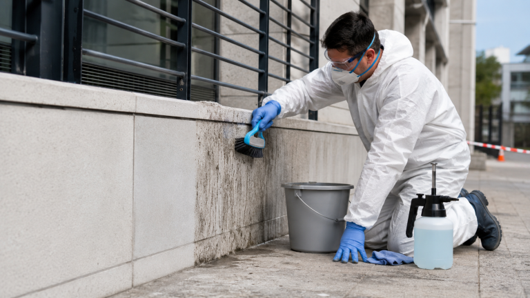 Technicien équipé nettoyant des fientes d’oiseaux sur une façade extérieure avec du matériel professionnel