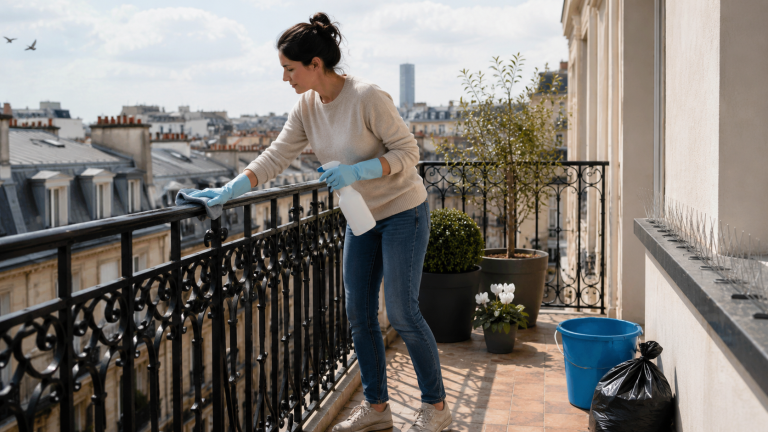 Personne nettoyant un balcon urbain avec des gants après des fientes de pigeon, avec dispositif anti-pigeons installé sur le rebord.