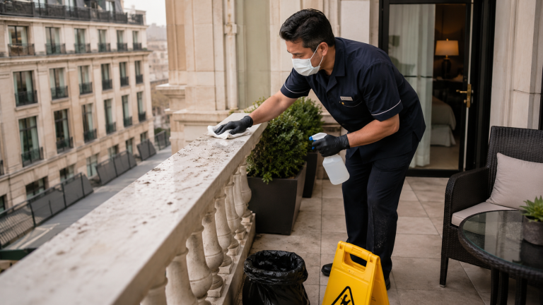 Agent d’entretien nettoyant des fientes de pigeon sur le balcon d’un hôtel avec des équipements de protection