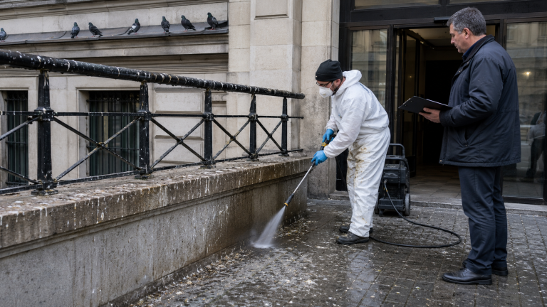 Agent équipé nettoyant des fientes de pigeon devant un bâtiment sous le regard d’un responsable hygiène