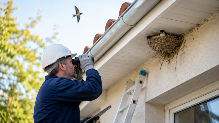 Professionnel inspectant un nid d’oiseau sous un toit avant toute intervention de retrait