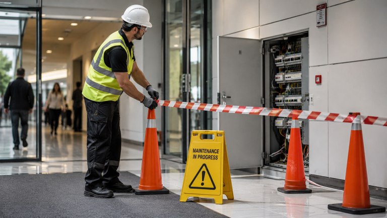 Technicien sécurisant une zone d’intervention avec cônes, ruban de balisage et panneau de maintenance avant travaux