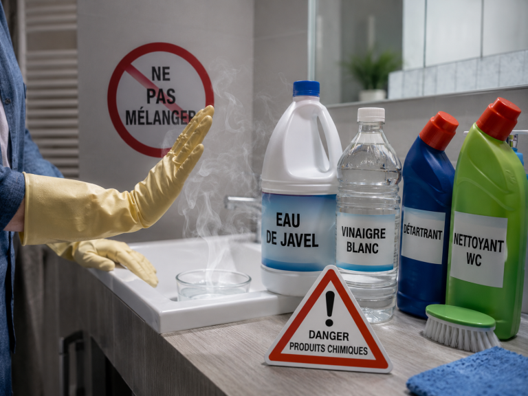 Image réaliste montrant le danger de mélanger l’eau de Javel avec du vinaigre blanc, un détartrant ou un nettoyant WC, avec un panneau d’avertissement produits chimiques.