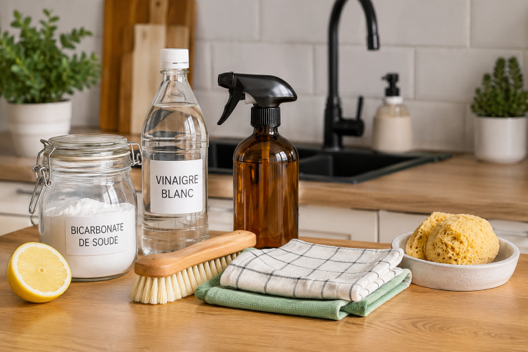 Produits de nettoyage naturels avec bicarbonate de soude, vinaigre blanc, citron et chiffons réutilisables sur un plan de travail de cuisine