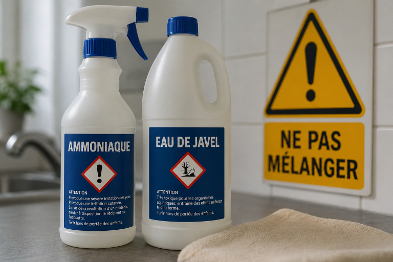 Produits ménagers avec eau de Javel, vinaigre blanc et liquide vaisselle accompagnés d’un panneau d’avertissement ne jamais mélanger