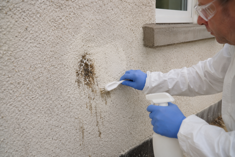Nettoyage de fientes de pigeon sur un mur en crépi fragile avec une brosse douce et des gants de protection