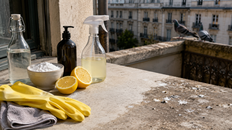 Produits naturels comme le vinaigre blanc, le bicarbonate, le citron et le savon noir pour nettoyer les fientes de pigeon sur un balcon urbain.