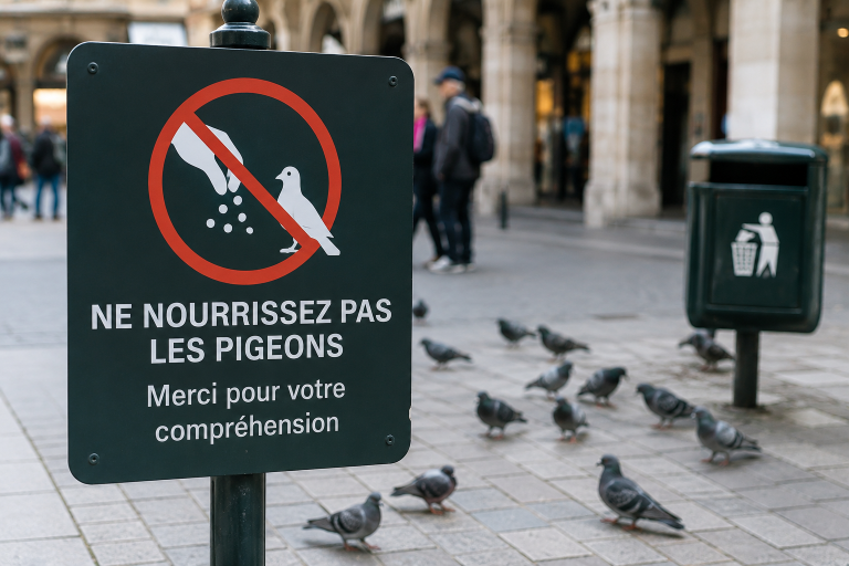 Panneau indiquant de ne pas nourrir les pigeons dans une rue urbaine avec des oiseaux près d’une poubelle