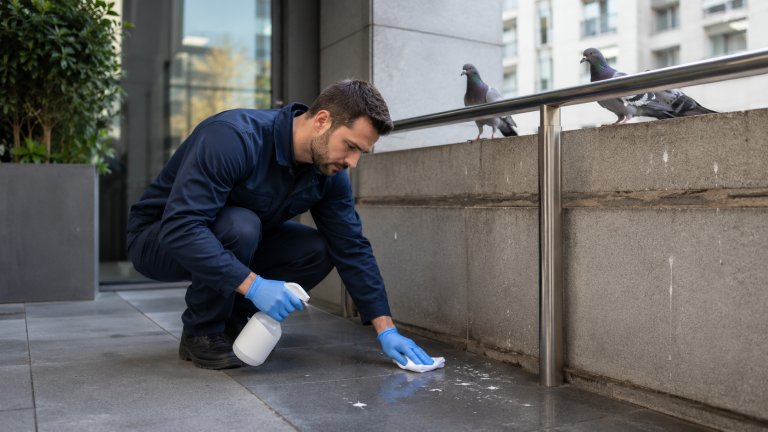 Technicien nettoyant des fientes d’oiseaux sur un balcon urbain pour prévenir leur accumulation et protéger le bâtiment