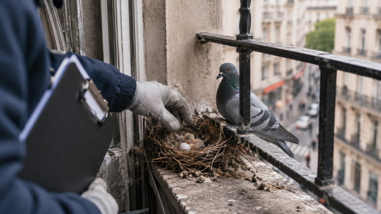 Nid de pigeon avec œufs et oisillons sur un balcon, inspecté avant un éventuel déplacement légal