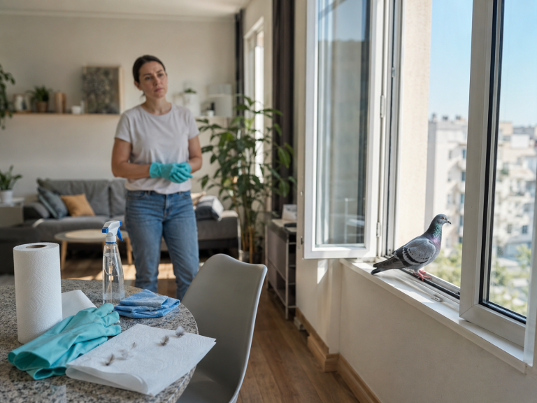 Pigeon entré dans un logement avec fenêtre ouverte et matériel de nettoyage pour sécuriser la pièce
