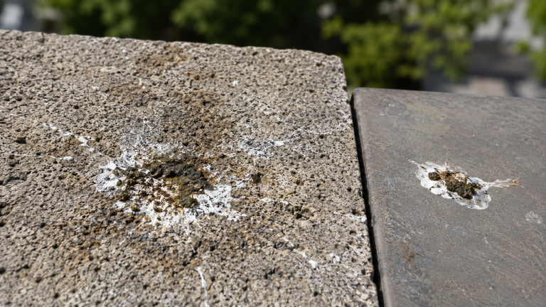 Fientes d’oiseaux retenues dans les pores d’une surface en béton rugueux