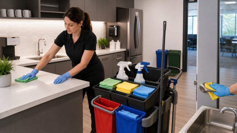 Agent de nettoyage utilisant des lavettes colorées séparées pour éviter les contaminations croisées sur les surfaces