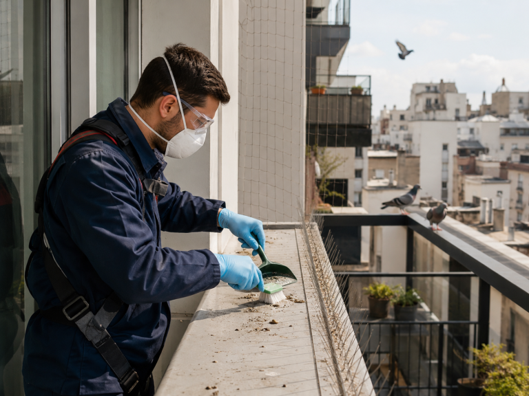 Technicien équipé nettoyant des fientes de pigeon sur un balcon urbain protégé par des pics anti-pigeons