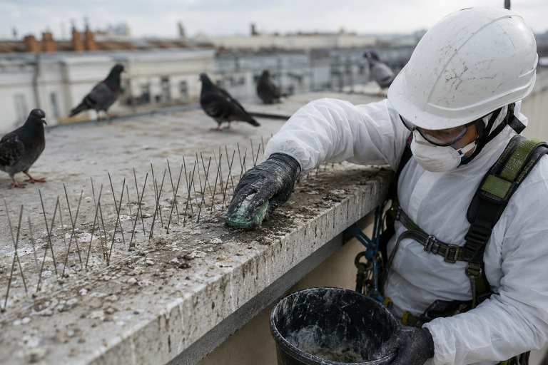 Technicien équipé nettoyant des fientes de pigeons sur une toiture avec installation de pics anti-pigeon pour prévenir leur retour.