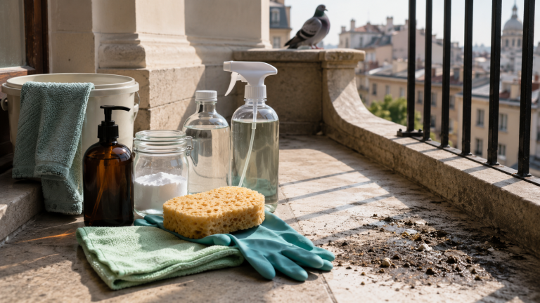 Produits écologiques pour nettoyer les fientes de pigeon sur un balcon avec savon noir, vinaigre blanc, bicarbonate et accessoires naturels