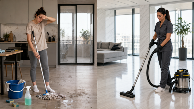 Comparaison entre une personne fatiguée qui nettoie elle-même et une professionnelle du nettoyage équipée dans un intérieur moderne