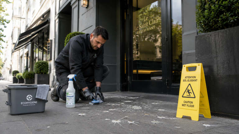 Professionnel du nettoyage traitant rapidement des fientes d’oiseaux devant l’entrée d’un restaurant pour préserver l’hygiène et la sécurité des clients