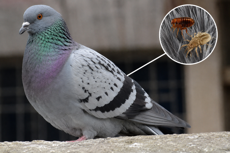 Pigeon urbain pouvant transporter des puces et des acariens sur son plumage