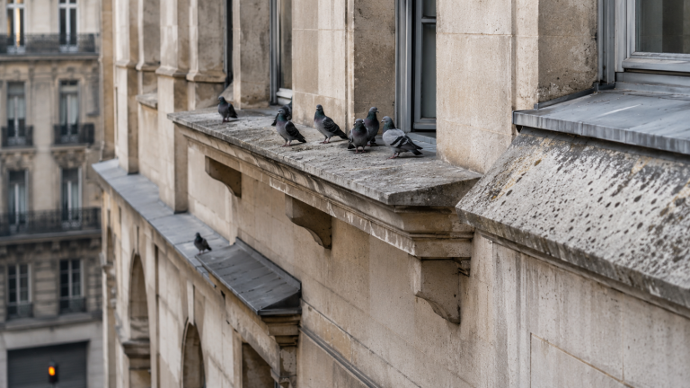 Pigeons posés sur un large rebord en pierre d’un immeuble urbain, illustrant les types de rebords appréciés par les pigeons.