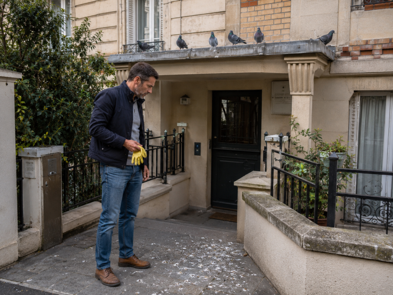 Homme inspectant des fientes de pigeon sur un trottoir privé devant un immeuble résidentiel