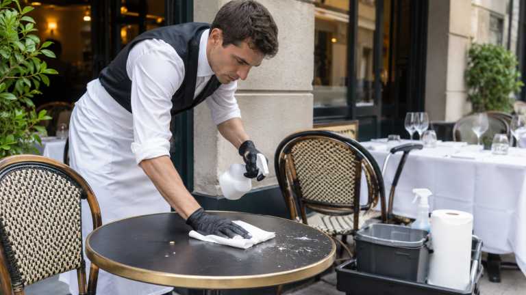 Employé de restaurant nettoyant des fientes de pigeon sur une table de terrasse avec des gants et un spray désinfectant