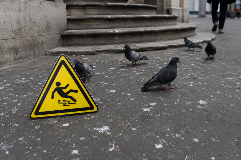 Panneau de danger sol glissant posé sur un trottoir couvert de fientes de pigeon avec plusieurs pigeons autour