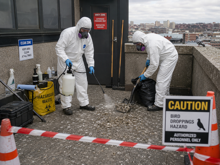 Agents équipés de combinaisons, masques et gants sécurisant un chantier de nettoyage de fientes de pigeons sur une terrasse urbaine