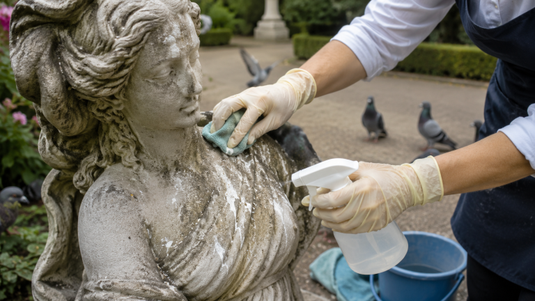 Nettoyage de fientes de pigeon sur une statue en pierre avec des gants, un chiffon doux et un spray d’eau