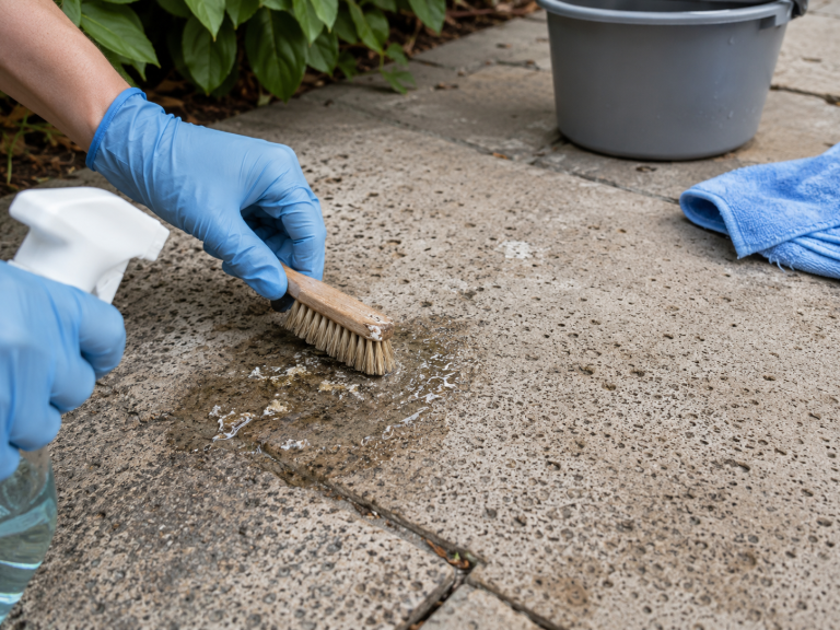 Main gantée nettoyant des fientes sur une surface poreuse en pierre avec une brosse douce et un spray nettoyant