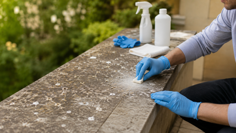 Test d’un produit nettoyant sur une petite zone de balcon avant le nettoyage complet des fientes d’oiseaux