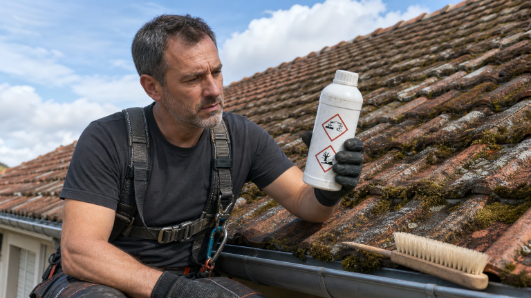Couvreur inspectant un produit chimique dangereux à éviter sur une toiture en tuiles avec mousse