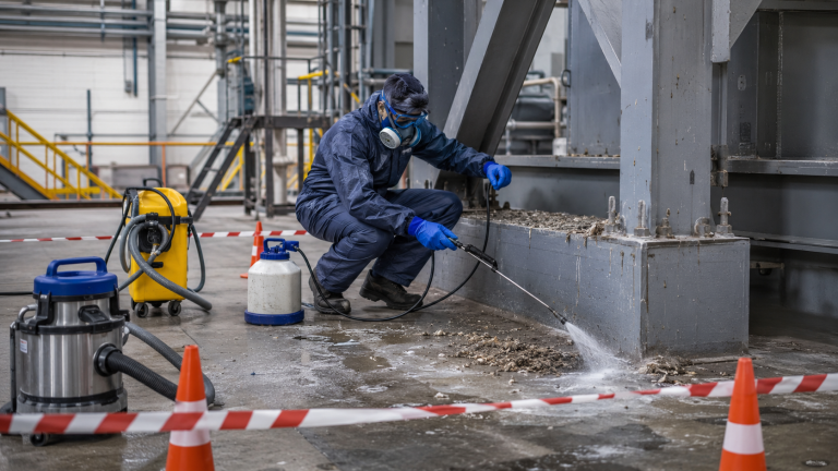 Agent équipé de protections nettoyant des fientes de pigeon dans une usine industrielle