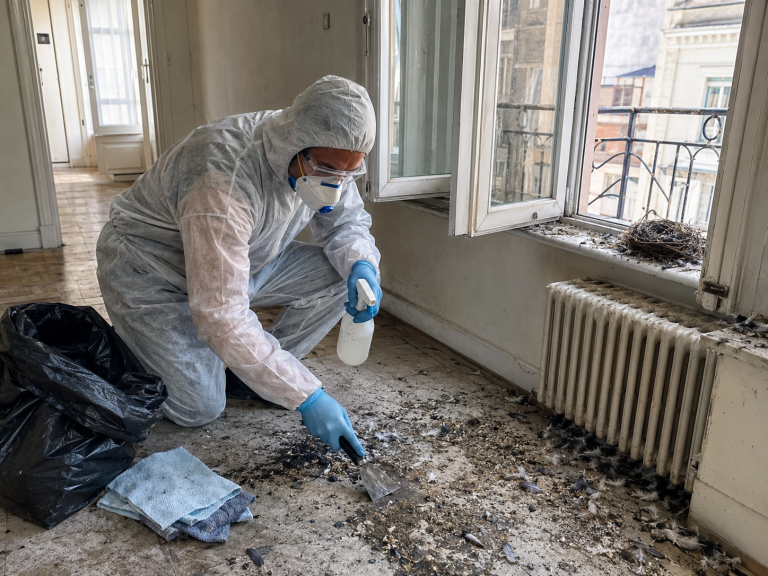 Nettoyage professionnel d’un logement vacant souillé par des fientes de pigeons avec équipement de protection