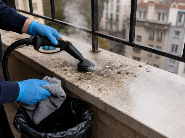 Nettoyage vapeur des fientes de pigeon sur un rebord de balcon en ville