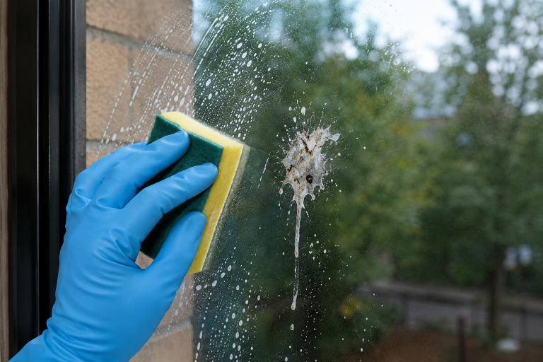 Nettoyage de fientes de pigeon sur une vitre avec une éponge et un gant de protection