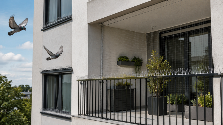 Balcon protégé avec filet et pics anti-pigeons pour rendre la zone moins confortable aux oiseaux