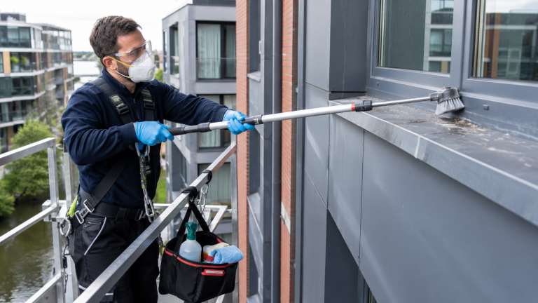 Professionnel équipé nettoyant des fientes d’oiseaux sur un rebord de fenêtre difficile d’accès avec une perche télescopique